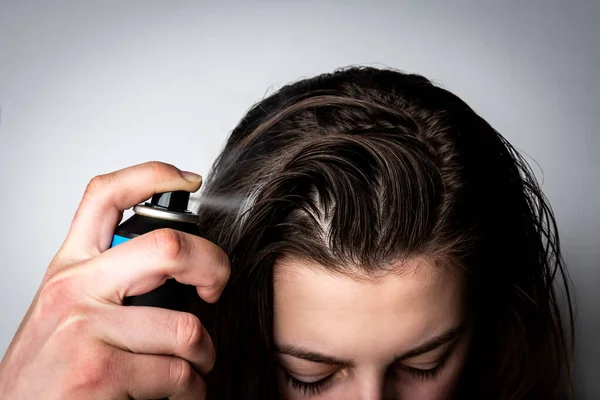 Woman Applying Dry Spray Shampoo Her Dirty Hair Fast Easy — Stock Photo, Image