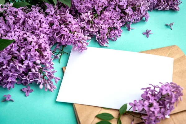 Branches and flowers of lilac and white blank paper for text on a green background. Blank for cards for spring, Easter, mother\'s day, women\'s day, Valentine\'s day.