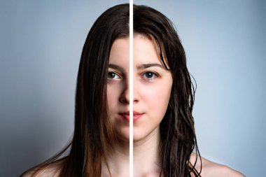 Gri arka planda saç kurutma makinesi kullanmadan önce ve sonra ıslak ve kuru kadın saçı..