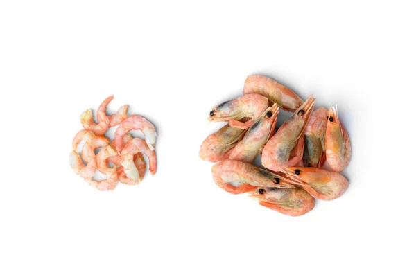 Peeled Unpeeled Shrimps Isolated White Background Top View — Stock Photo, Image