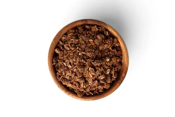 Choklad Granola Trä Skål Isolerad Vit Bakgrund — Stockfoto