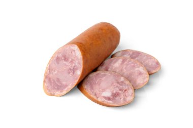 Beyaz arka planda izole edilmiş füme sosis.. 