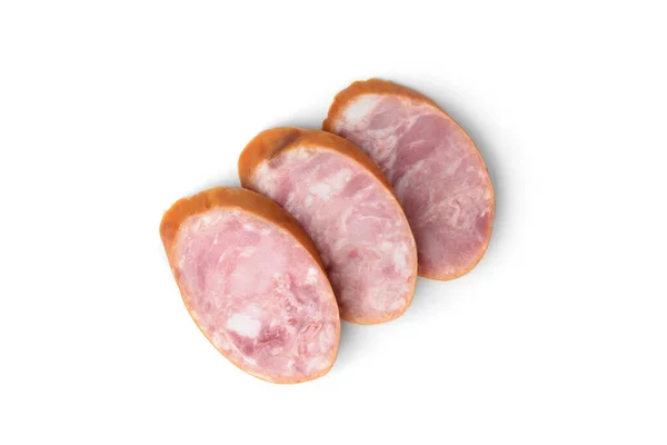 Saucisse Fumée Tranches Isolée Sur Fond Blanc Vue Dessus — Photo