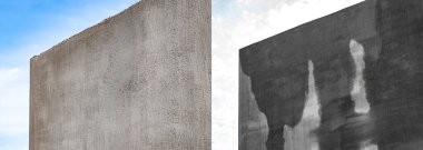 Covered with mesh and glue facade of the house is dry and with water.