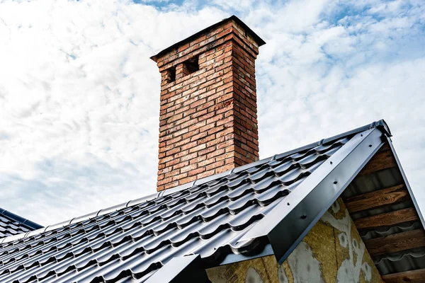 Brick Chimney Pipe Metal Roof House — Stok fotoğraf