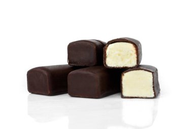 Glazed cheese bars with coconut filling isolated on white background.