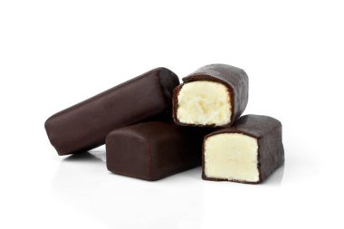 Glazed cheese bars with coconut filling isolated on white background.