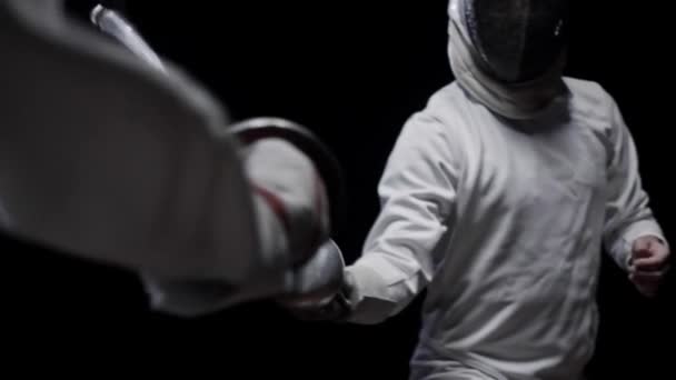 Two Female Fencing Athletes Fight Professional Sports Arena Spectators Lense — 비디오