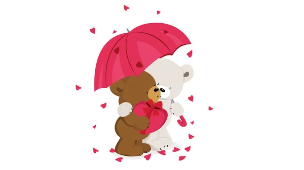 一对恋爱中的熊被描绘在伞下 熊抱在一起 其中一只手拿着情人节礼物 心都散落了 — 图库矢量图片