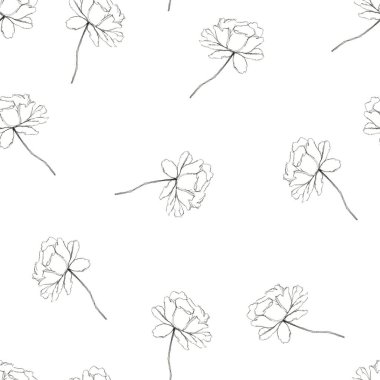 Beyaz arka planda kalemle çizilmiş kusursuz gül deseni..