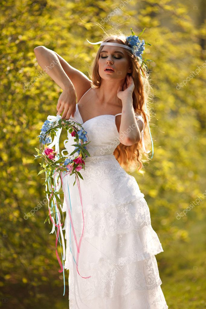 Hippie Bridal Hair Bride In Hippie Style Outdoors Stock Photo
