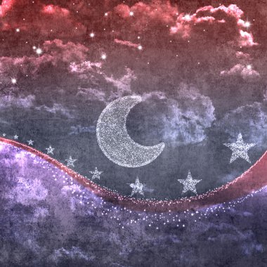 karikatür tarzı sabaha gökyüzü moon, bulutların ve yıldızların