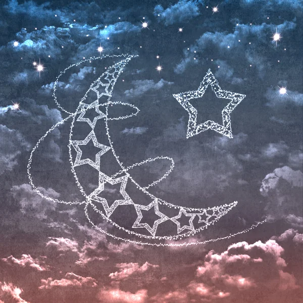 卡通风格黎明前天空中月亮、 云彩和星星 — 图库照片