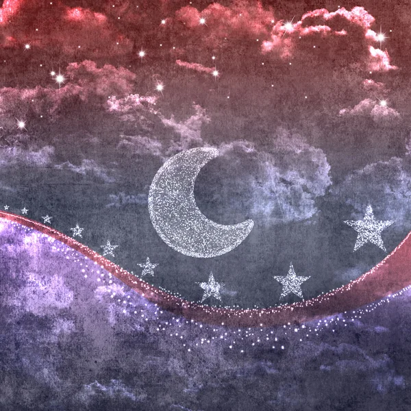 卡通风格黎明前天空中月亮、 云彩和星星 — 图库照片
