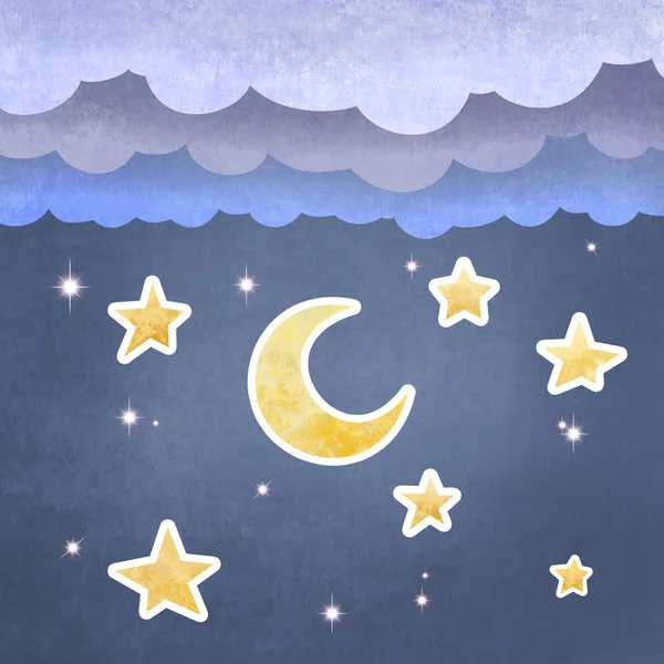 Ночное небо в стиле мультфильма с луной, облаками и звездами — стоковое фото
