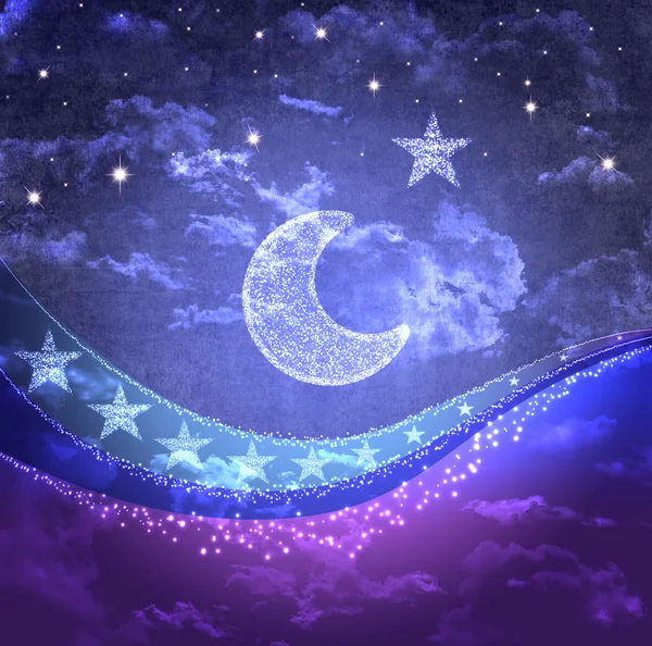 Cartoon style night sky with moon, clouds and stars — Stock Photo, Image