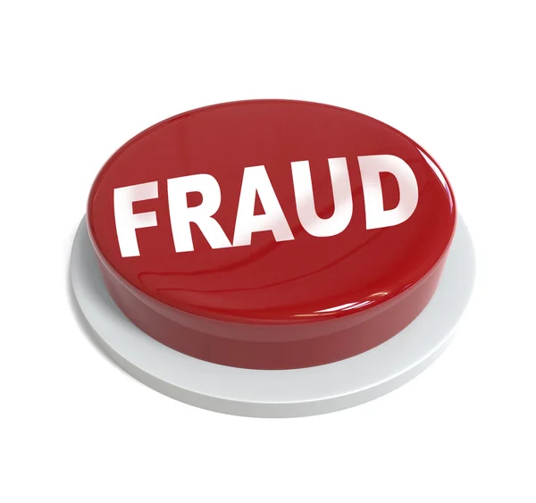 3d representación de un botón rojo con palabra de fraude escrito en él — Foto de Stock
