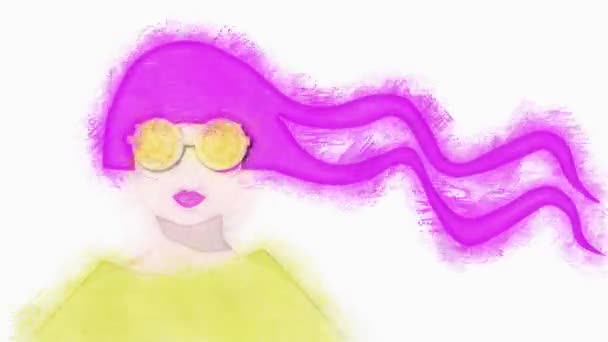 Sanat Hareketi Tarzında Animasyon Gülümserken Saçlarını Dalgalandıran Genç Bir Kadın — Stok video