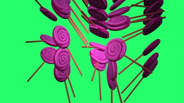 Animación Caramelos Piruletas Con Palos Madera Girando Sobre Fondo Rosa — Vídeos de Stock
