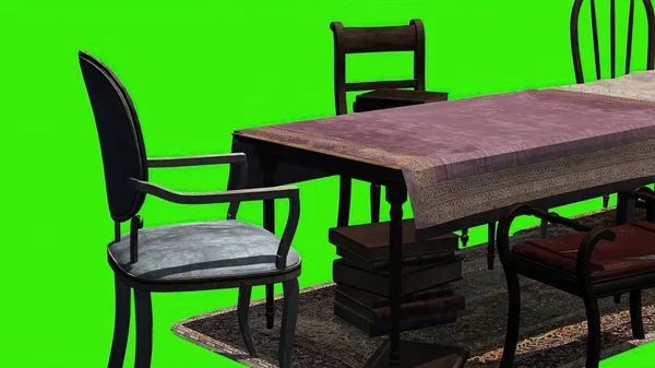 3D illustration - shadows moving across a living room on green screen