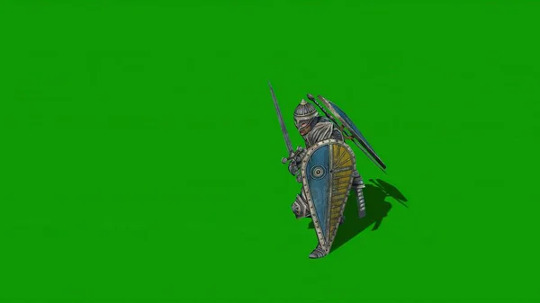 3D illustration -  medieval knight fighting with swords and shield isolated on green screen