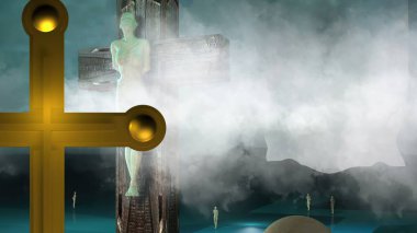 3D illüstrasyon - Bulutlar ve toplarla çarmıha gerilmenin şekli