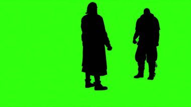 3D görüntüleme - insanların siluetleri yeşil ekranda fiziksel yüzleşme