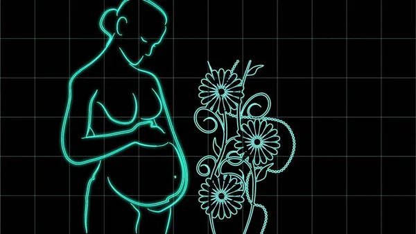 Dibujo Mujer Embarazada Estilo Mínimo Con Efecto Resplandor Rejilla Flor —  Fotos de Stock