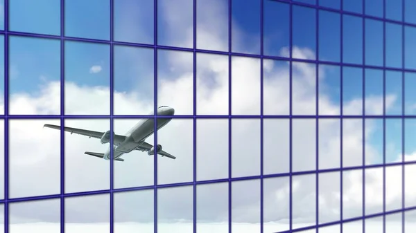 Reflectie Van Een Vliegtuig Dat Wolken Vliegt Een Wolkenkrabber — Stockfoto