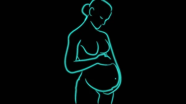 Kreslení Těhotné Ženy Minimální Styl Efektem Záře Černém Pozadí — Stock fotografie