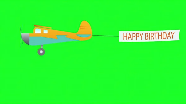 Plane Flies Long Banners Happy Birthday Text Green Scree — Stock Photo, Image