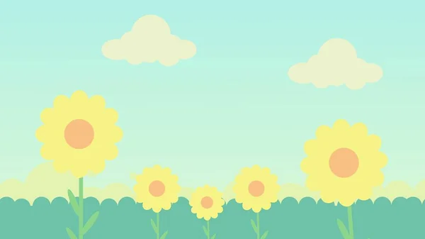 Illustration Grönt Gräs Blommor Och Blå Himmel Med Moln — Stockfoto