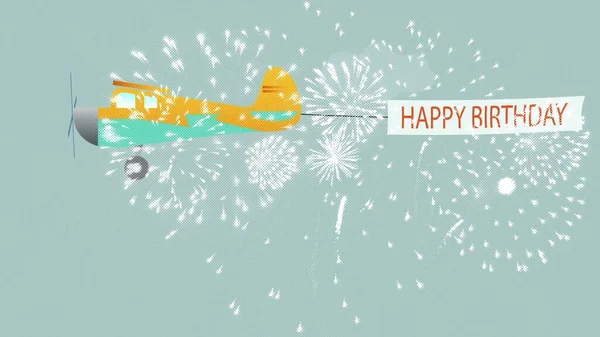 Illustration Plane Long Banners Happy Birthday Text Cartoon Effect Firework — Stock Photo, Image