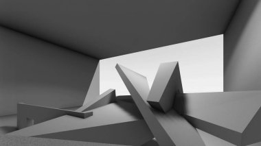 3D illüstrasyon - Bilgisayar tarafından oluşturulan piyano tuşları ve soyut beton şekil.