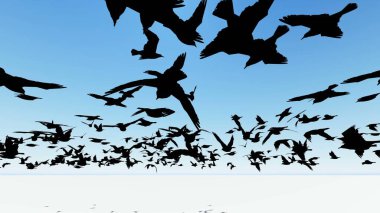 3D illüstrasyon - Ekranda uçan kuş sürüsü.