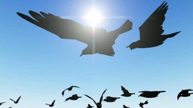 3D illüstrasyon - Ekranda uçan kuş sürüsü.