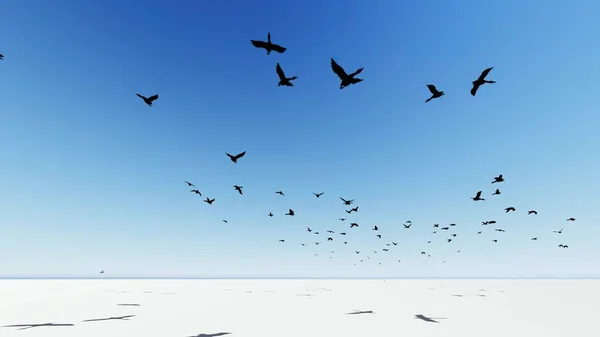 3D illustration - Flock of birds flying across the screen.