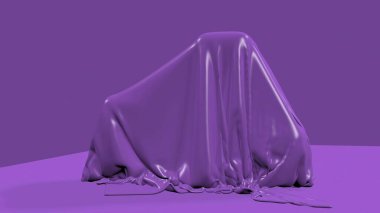 3D illüstrasyon - mavi kumaşın aşağıya düşmesi ve gizemli nesneyi örtmek 