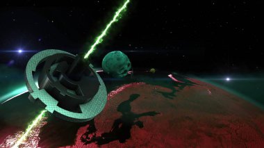 3D illüstrasyon - UFO, Nebula ve Derin Uzayda Gezegen