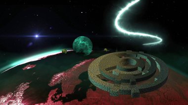 3D illüstrasyon - UFO, Nebula ve Derin Uzayda Gezegen