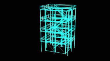 33d illüstrasyon - Siyah zemin üzerindeki endüstriyel platformun tel çerçeve modeli 