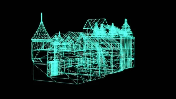 3D插图 中世纪黑色背景房屋的线框模型 3D渲染 — 图库照片