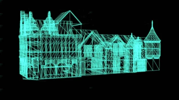 3D插图 中世纪黑色背景房屋的线框模型 3D渲染 — 图库照片