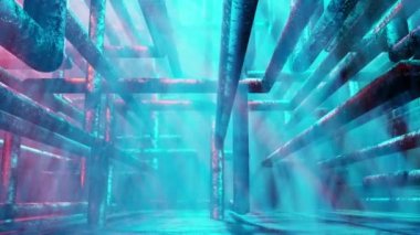 animation of camera moving over the maze of  pipes tangled together