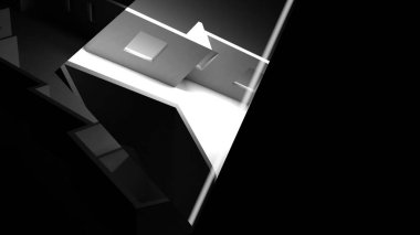 3d illüstrasyon - Zemin tasarımının teknik çizimi büyük detaylar ve ev modelinin 3d 'si ile hazırlanıyor