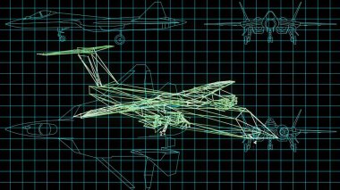 3d illüstrasyon - Büyük detaylarla çizilen uçak tasarımının teknik çizimi 