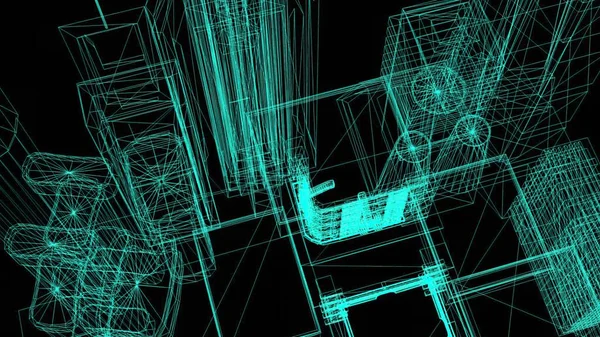 3D插图 正在绘制的详细而现成的房屋3D模型的平面设计技术绘图 — 图库照片