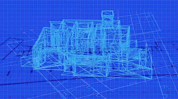 3D插图 正在绘制的详细而现成的房屋3D模型的平面设计技术绘图 — 图库照片