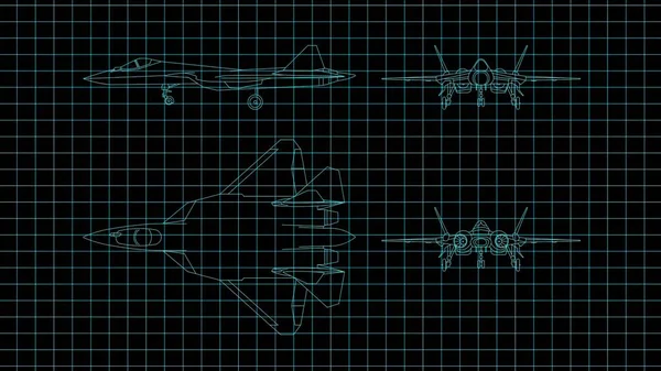 3Dイラスト 航空機デザインの技術図面は非常に詳細に描かれています — ストック写真