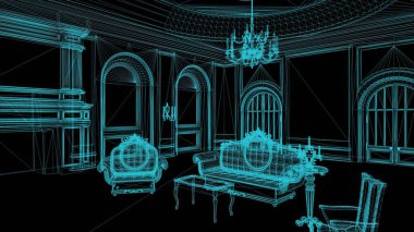 3d illüstrasyon - Sütunlu Şatonun Kablo çerçeve Modeli 
